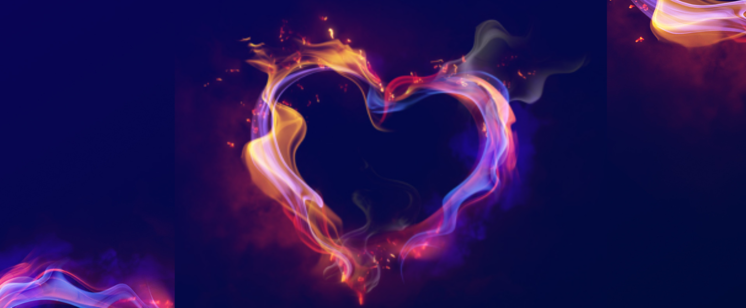 Dark purple header with flaming heart graphics